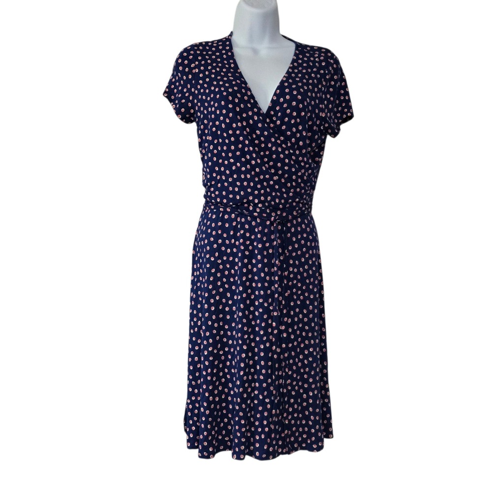 Lands End Womens Wrap Midi Dress Blue 6-8 Polka‎ Dots V Neck Ruffled Belted Knit